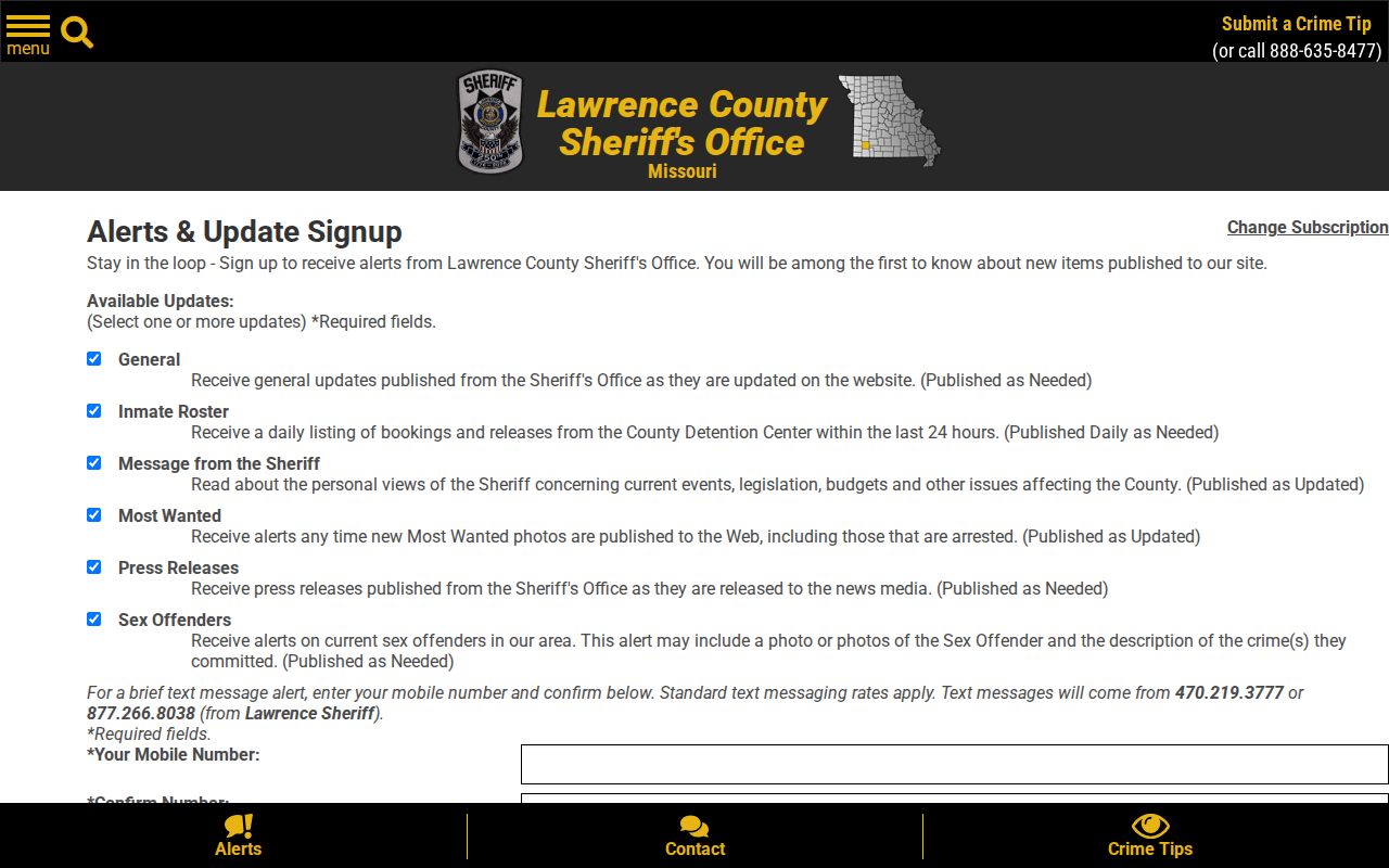Lawrence County Sheriff SMS and email arrest alert signup page