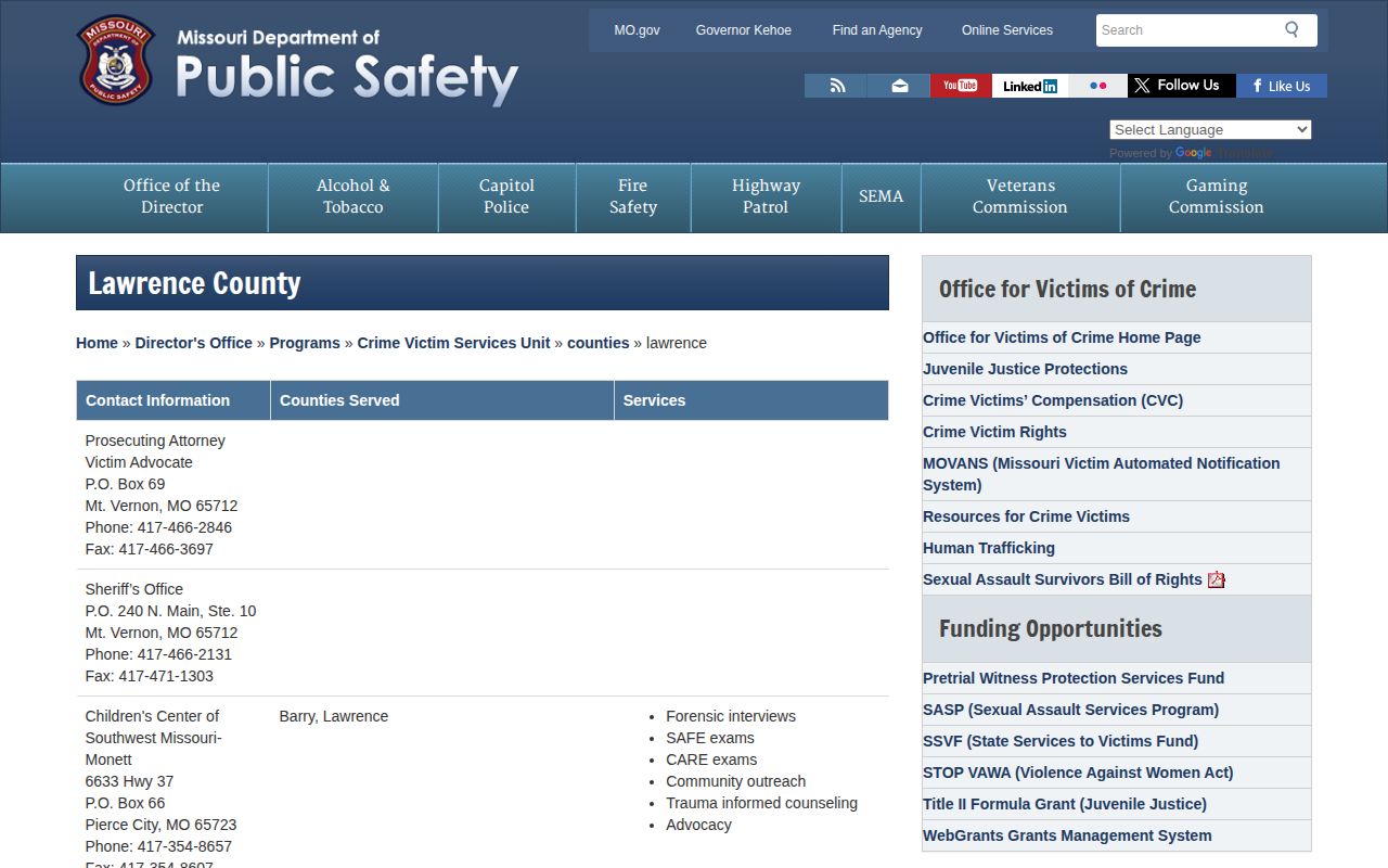 Missouri DPS Lawrence County victim services contact page
