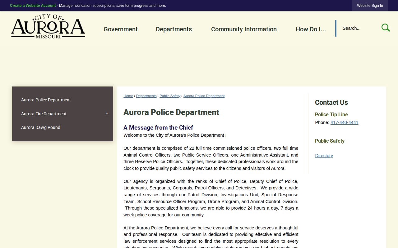 Official Aurora Missouri Police Department webpage with contact information