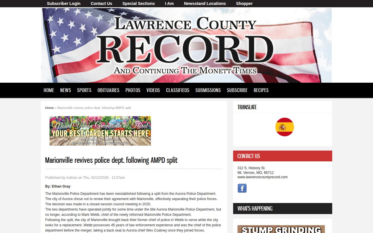 Lawrence County Record report on Marionville police department changes