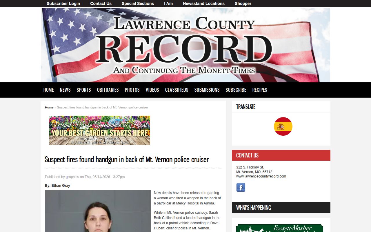 Lawrence County Record story about a Mount Vernon arrest